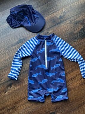 Kids Navy Blue Whale Rash Guard Swimsuit with Striped Sleeves and Cap